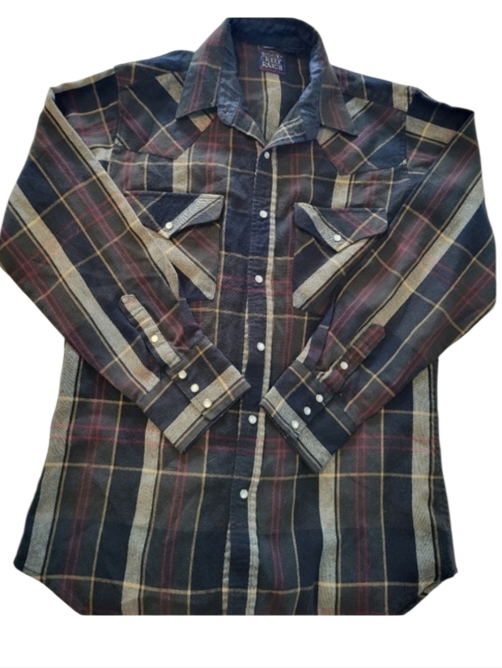 VINTAGE Rock Creek Ranch Men's Flannel Shirt Plaid Pearl Snap Size Medium